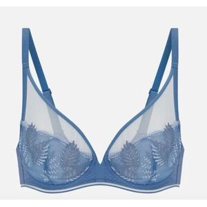 NWT Simone Perele Bloom Sheer Plunge Bra Size 34E Blue 12Y319